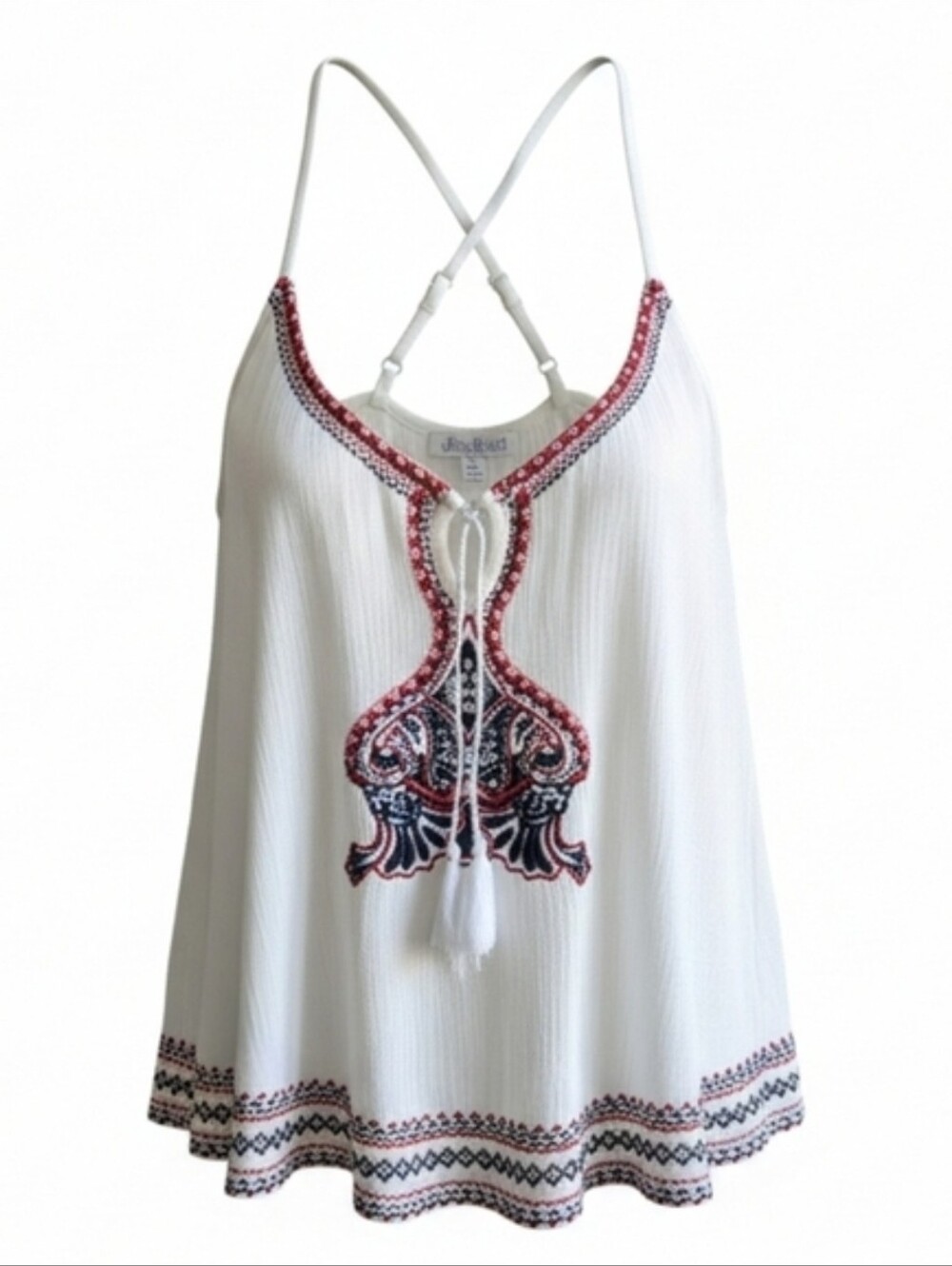 Patrons of Peace Boho White Cami with Red and Blue Embroidery Womens XL EUC